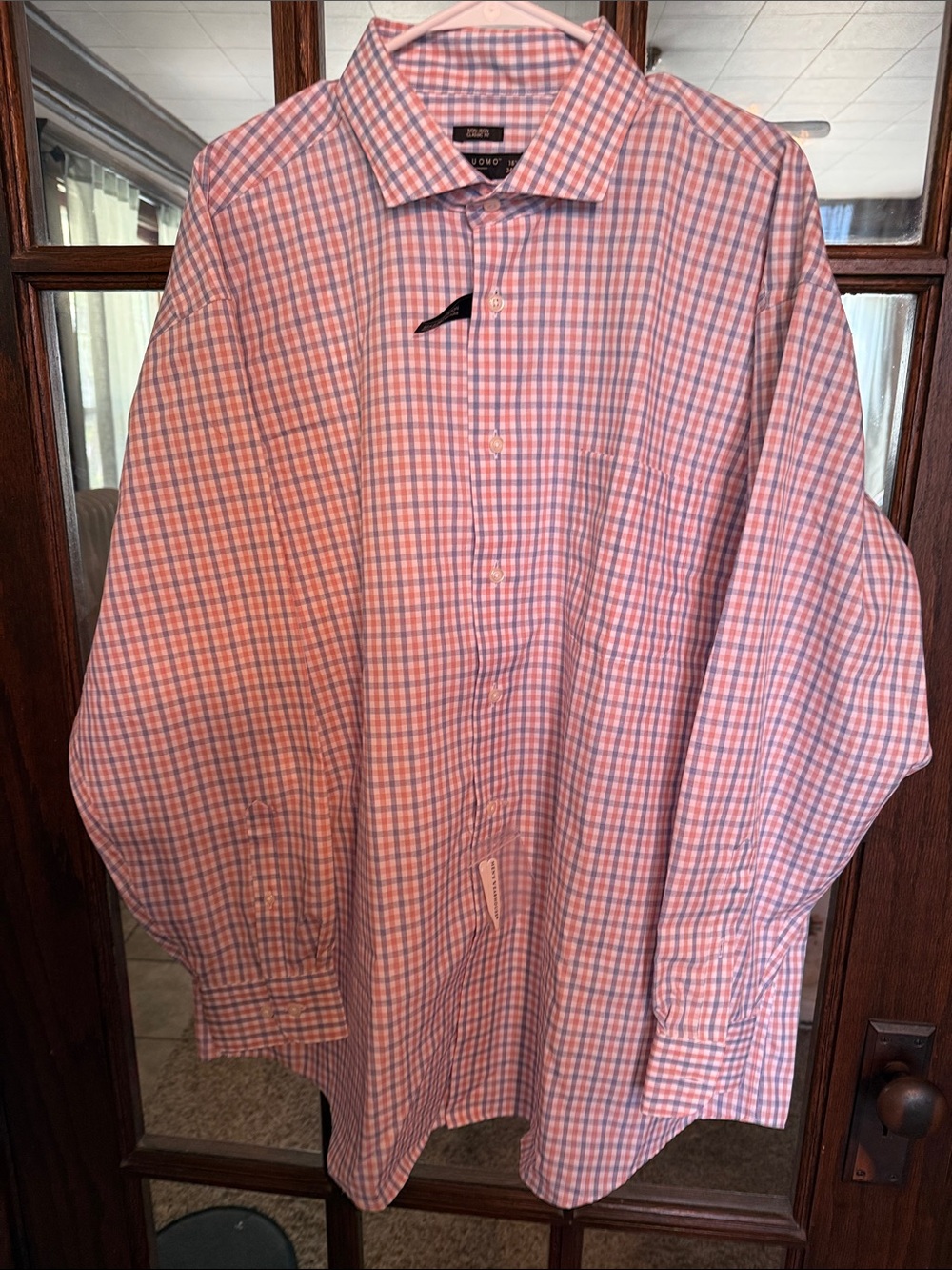 Pronto Uomo Mens Non-Iron Classic Fit Dress‎ Shirt Orange Blue Check 18.5 34/35